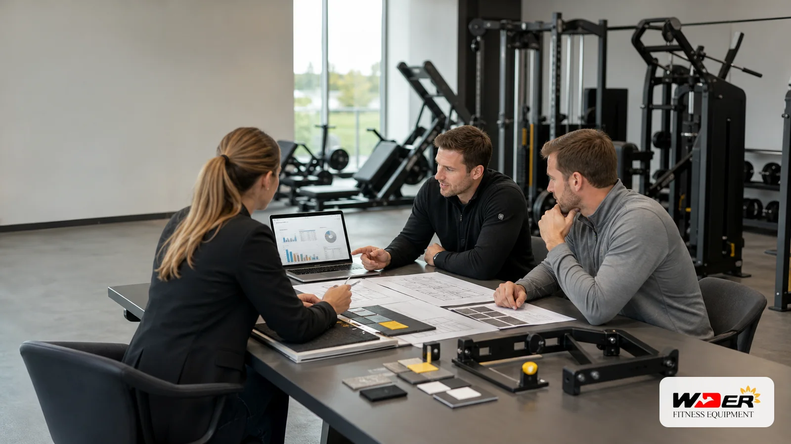 Commercial gym equipment procurement timeline meeting with WDER logo - 한국 B2B 바이어용