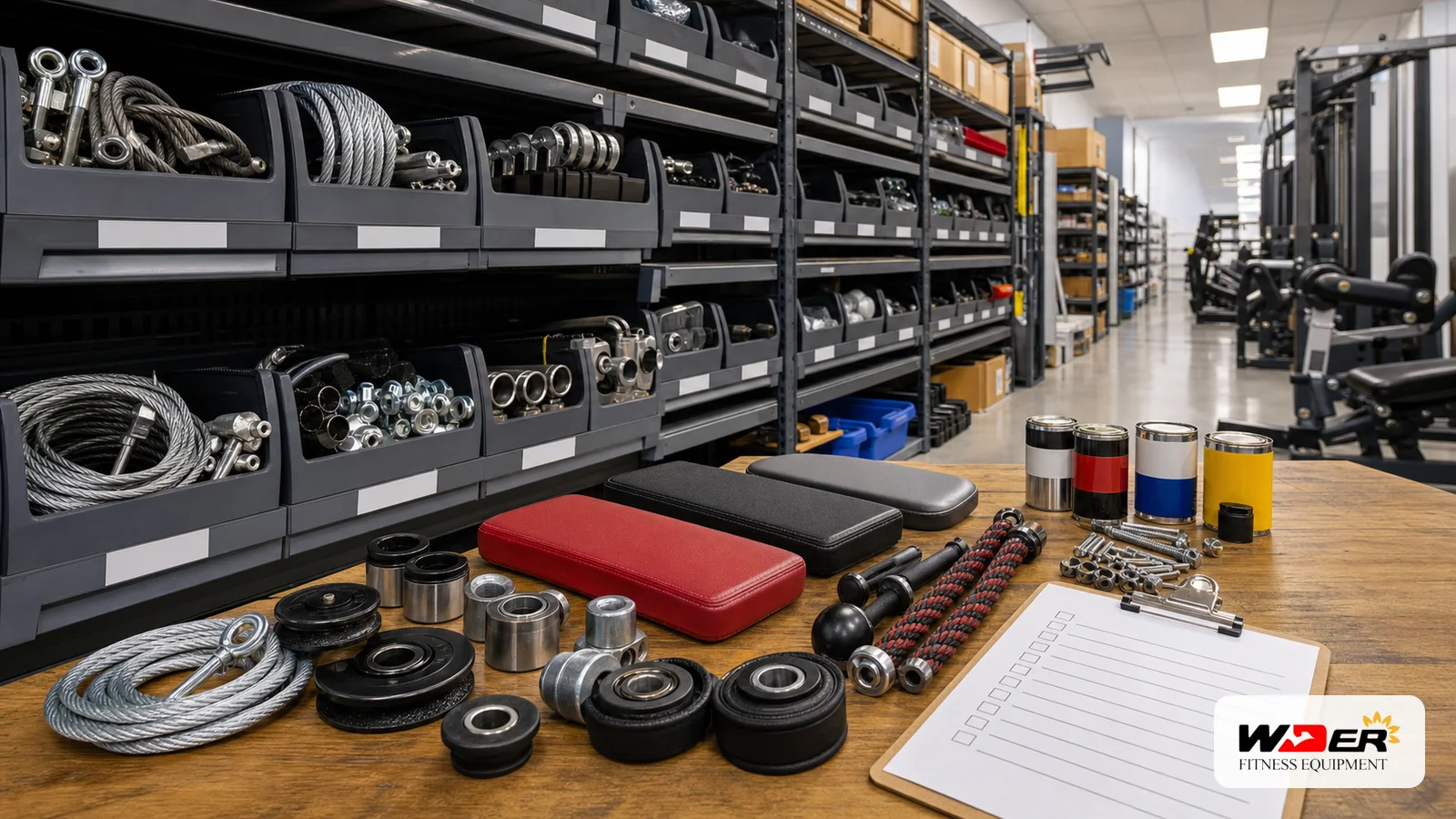 Commercial gym equipment spare parts inventory with WDER logo - 한국 B2B 바이어용