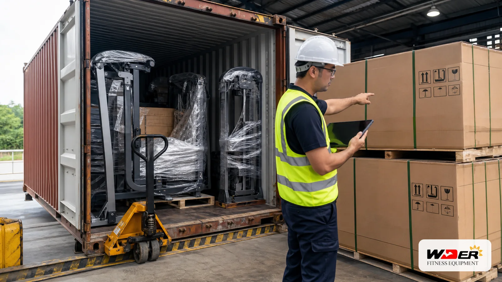 Commercial gym equipment container loading inspection with WDER logo - AR