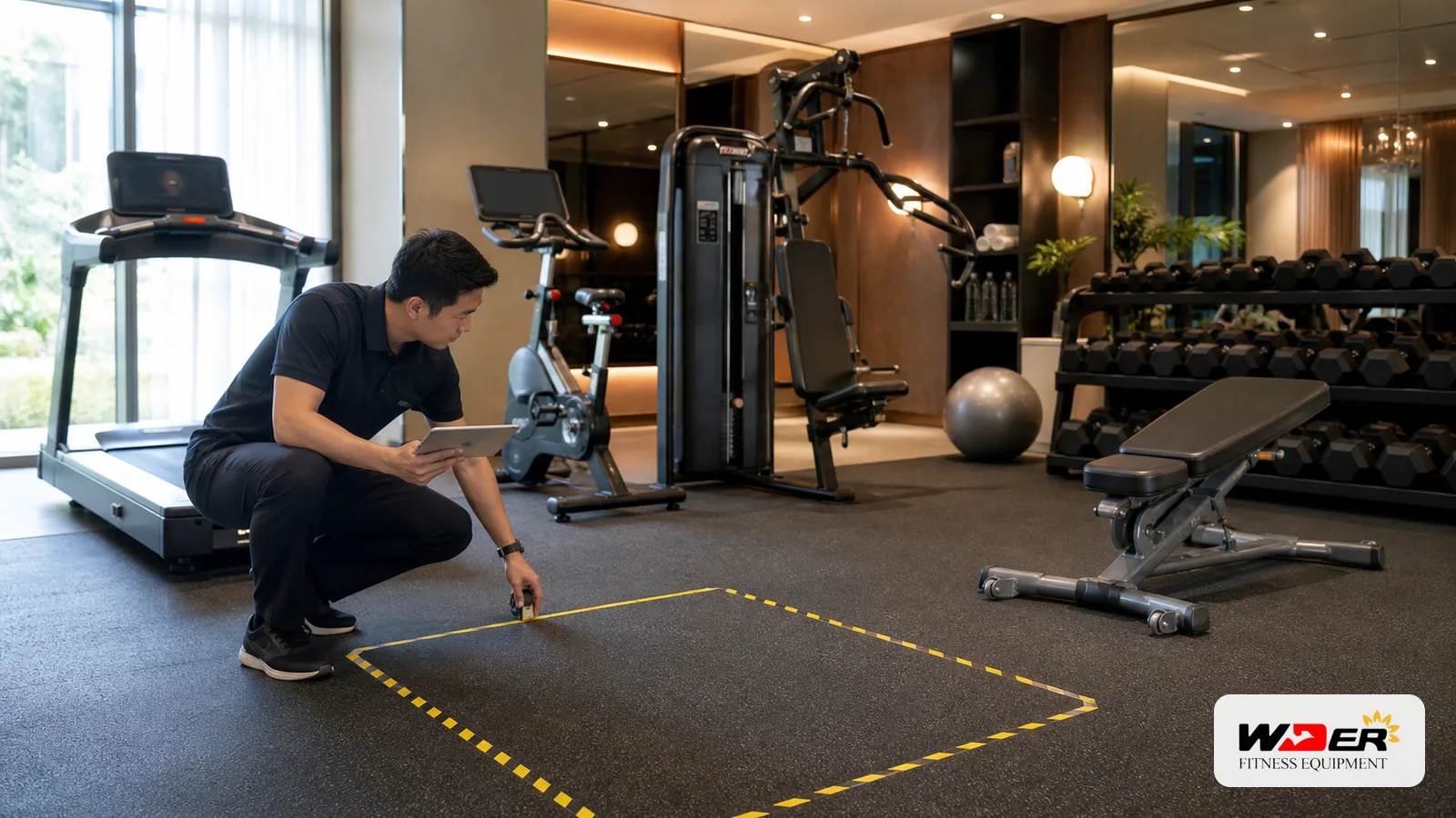 Hotel gym equipment package planning with WDER logo - AR