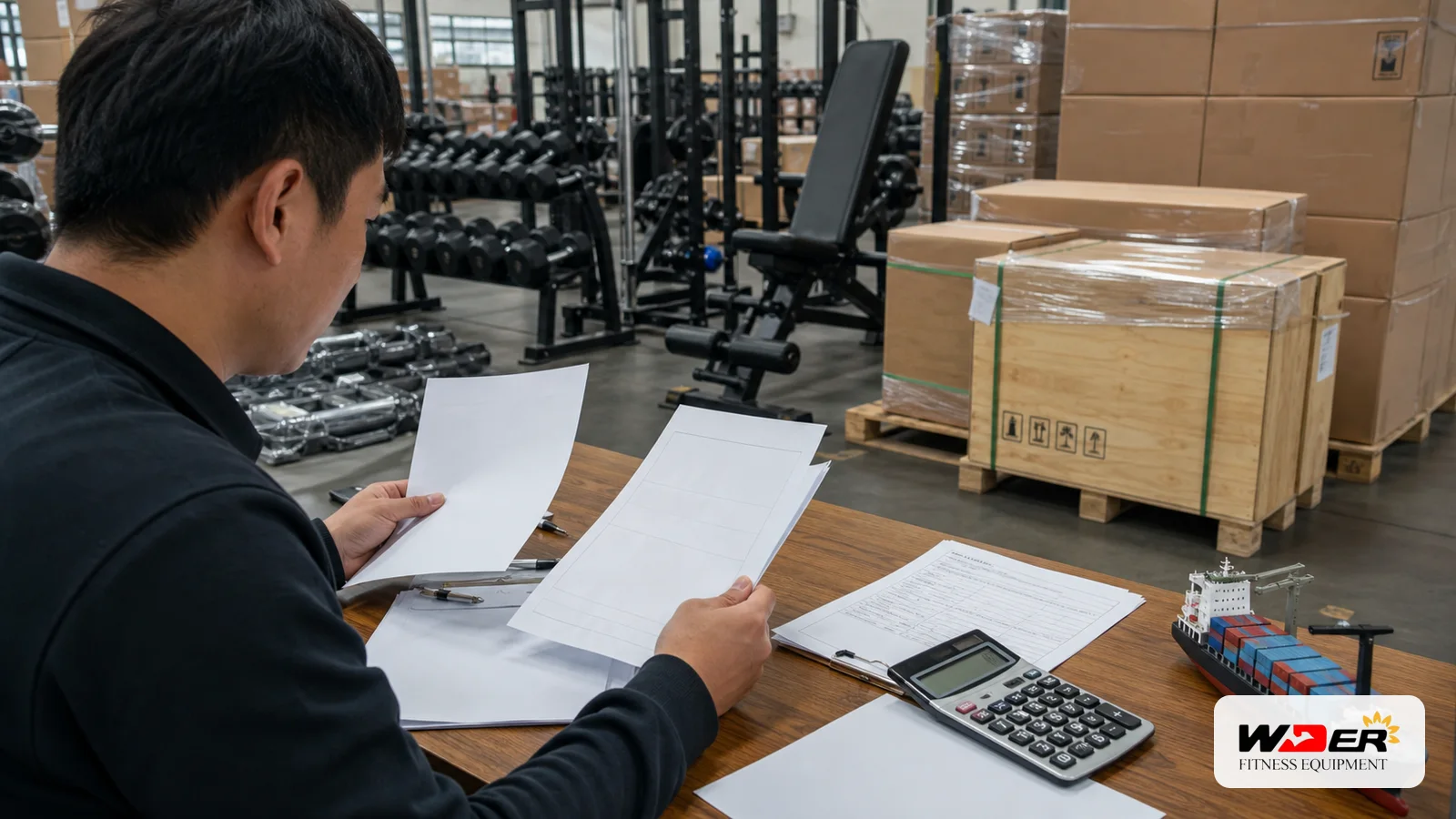 Commercial gym equipment landed cost comparison with WDER logo - AR