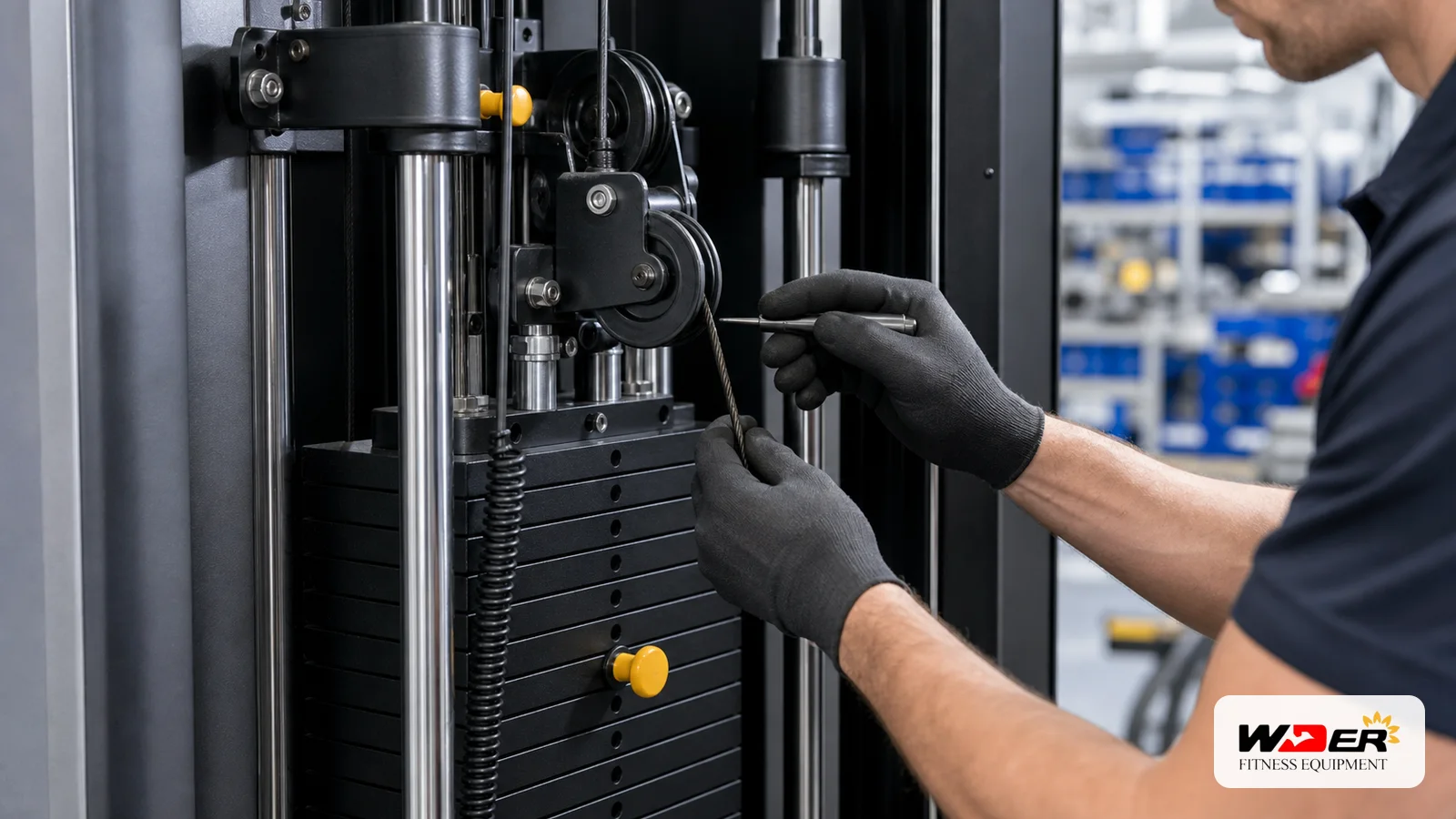 Selectorized machine cable and pulley lifecycle inspection with WDER logo - AR
