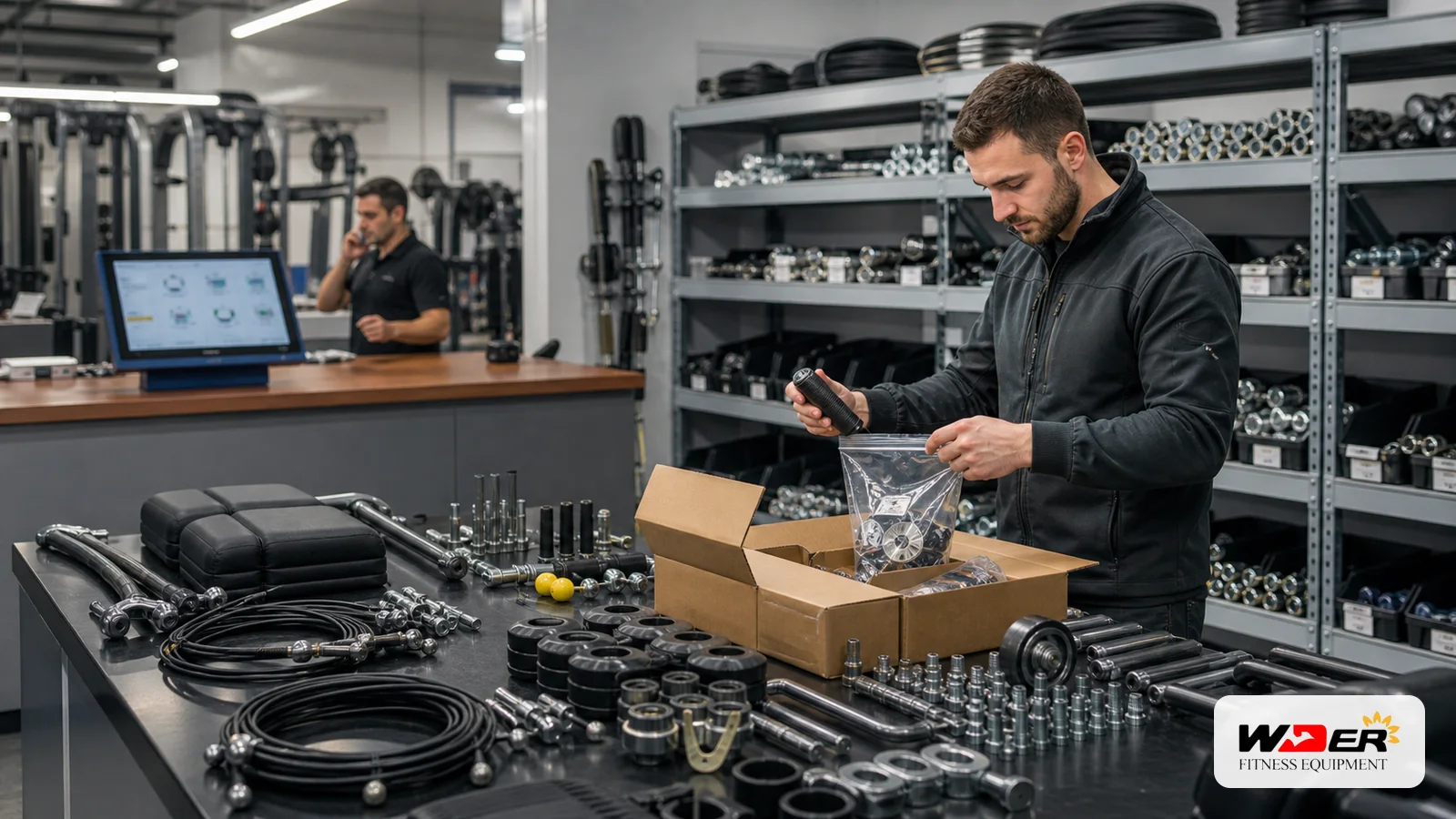 Commercial gym equipment spare parts reorder planning with WDER logo - AR