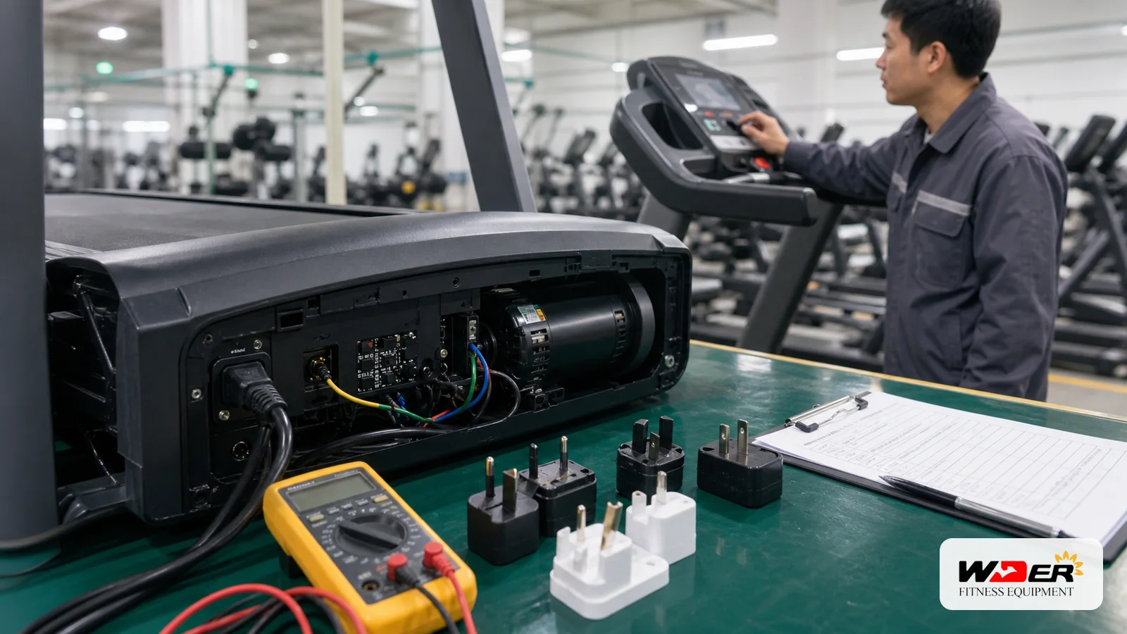 Commercial treadmill voltage and motor inspection with WDER logo - AR