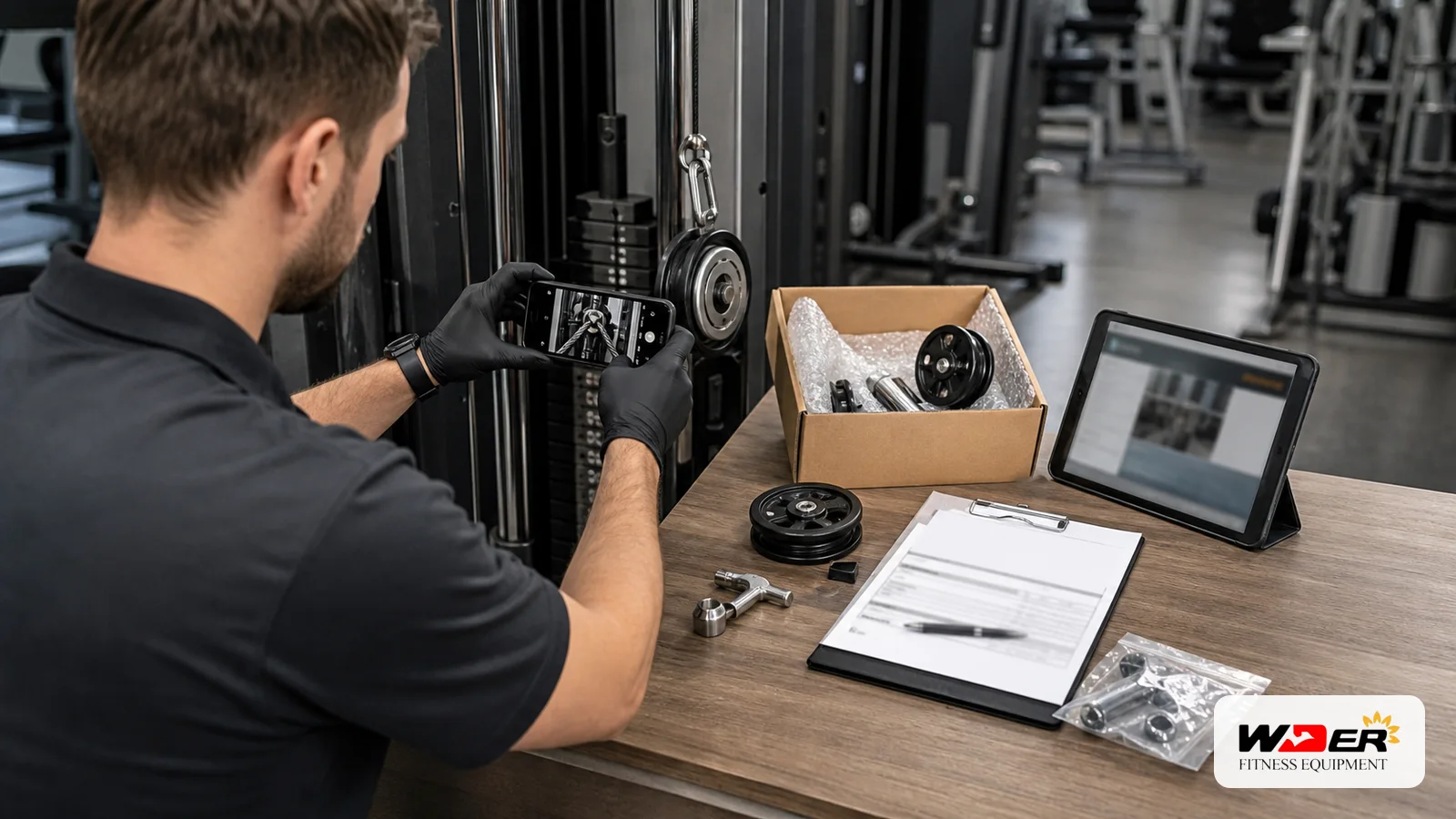 Commercial gym equipment warranty claim evidence with WDER logo - AR