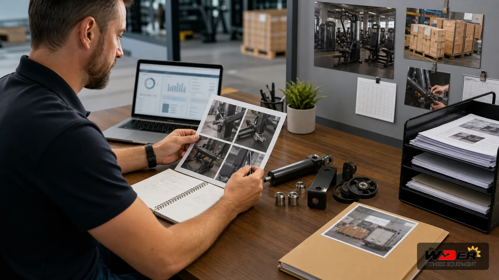 Commercial gym equipment distributor after sales workflow with WDER logo - AR