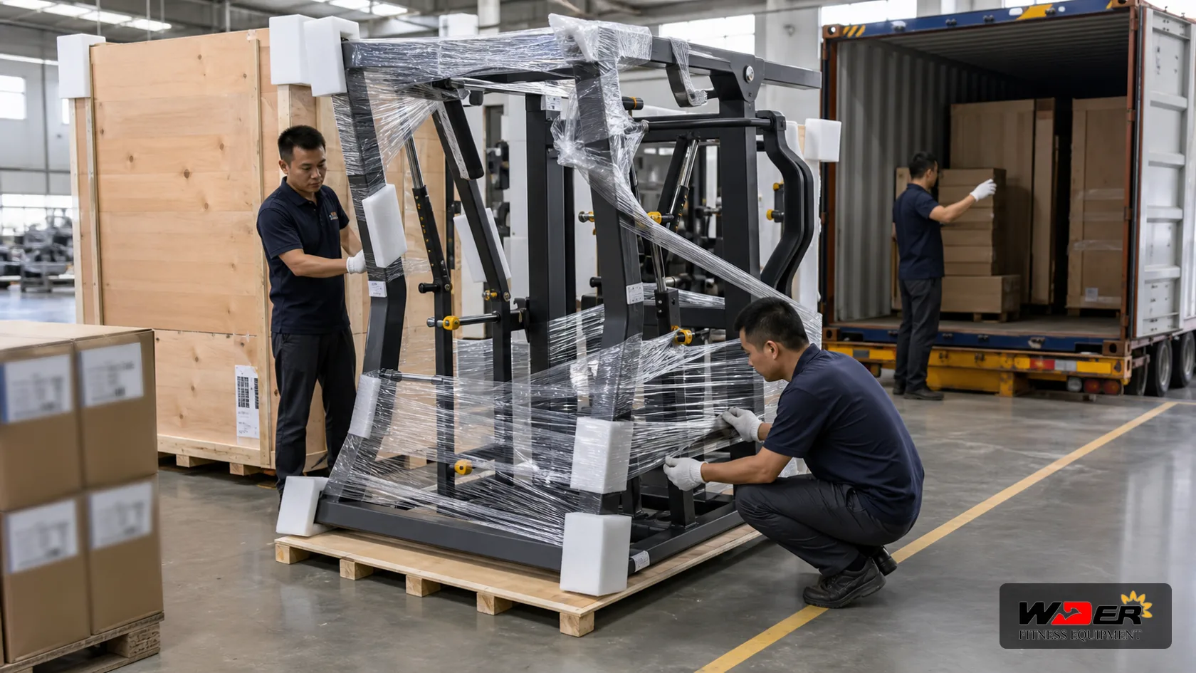 Commercial gym equipment export packing damage prevention with WDER logo - AR