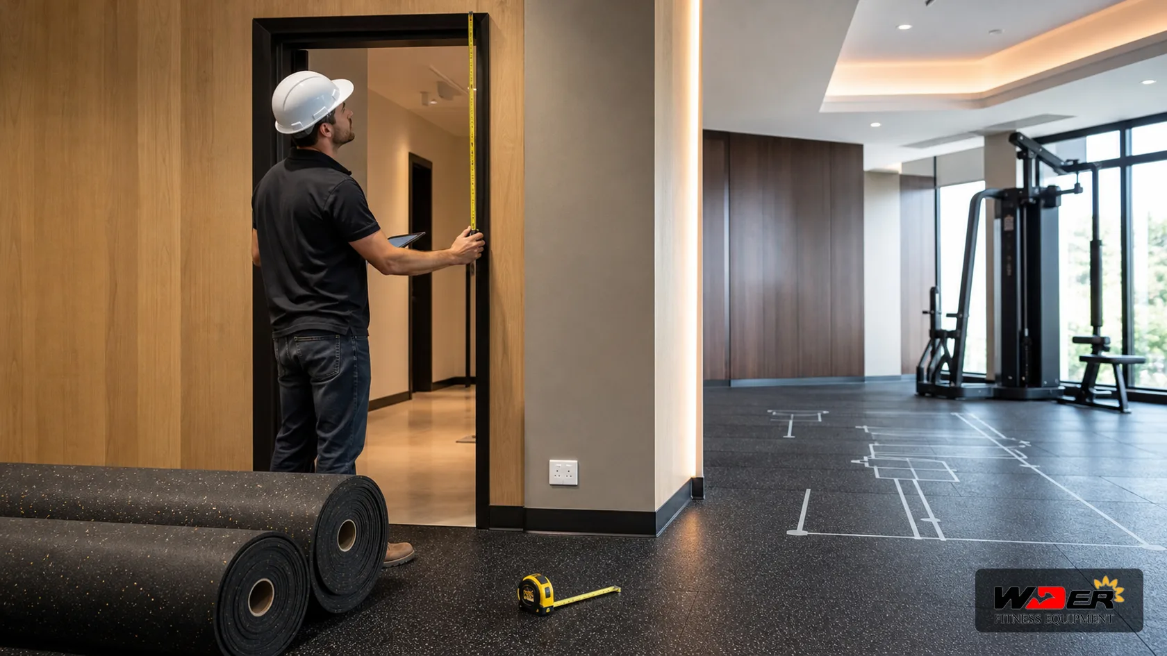 Commercial gym equipment installation site readiness check with WDER logo - AR