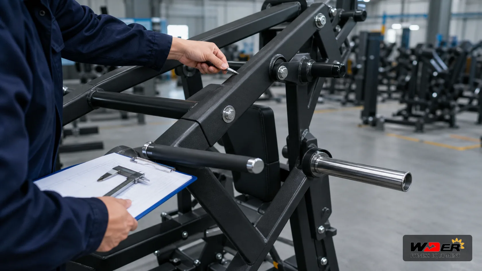 Plate loaded machine biomechanics inspection with WDER logo - AR