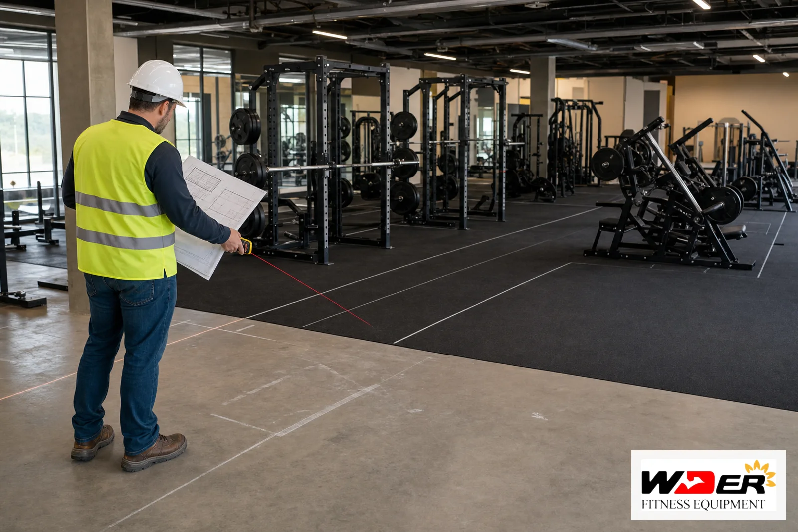Engineer reviewing commercial gym equipment floor load planning with WDER logo - ar
