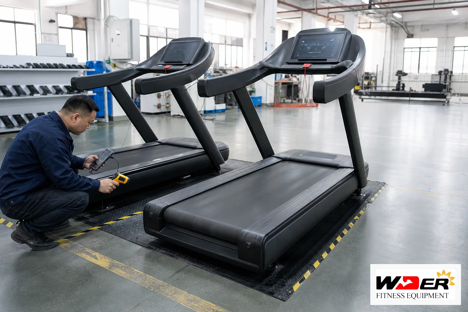 Commercial treadmill endurance and duty cycle testing with WDER logo - ar