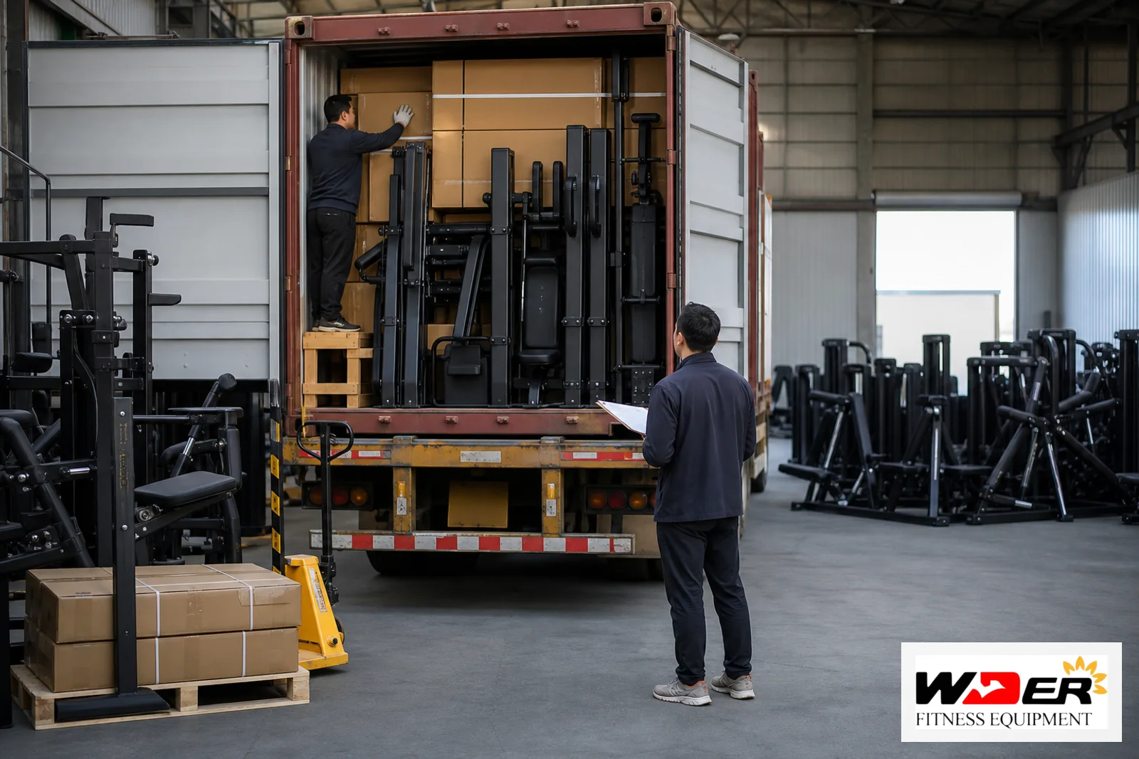 Mixed commercial gym equipment container loading optimization with WDER logo - ar