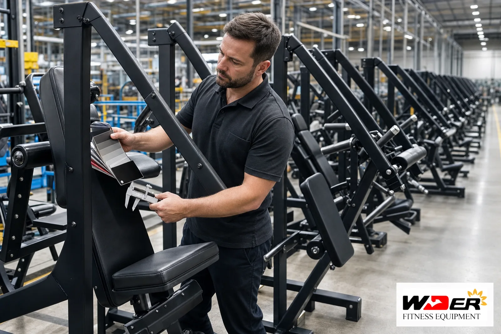 Powder-coated gym equipment frame inspection for coastal projects with WDER logo - ar
