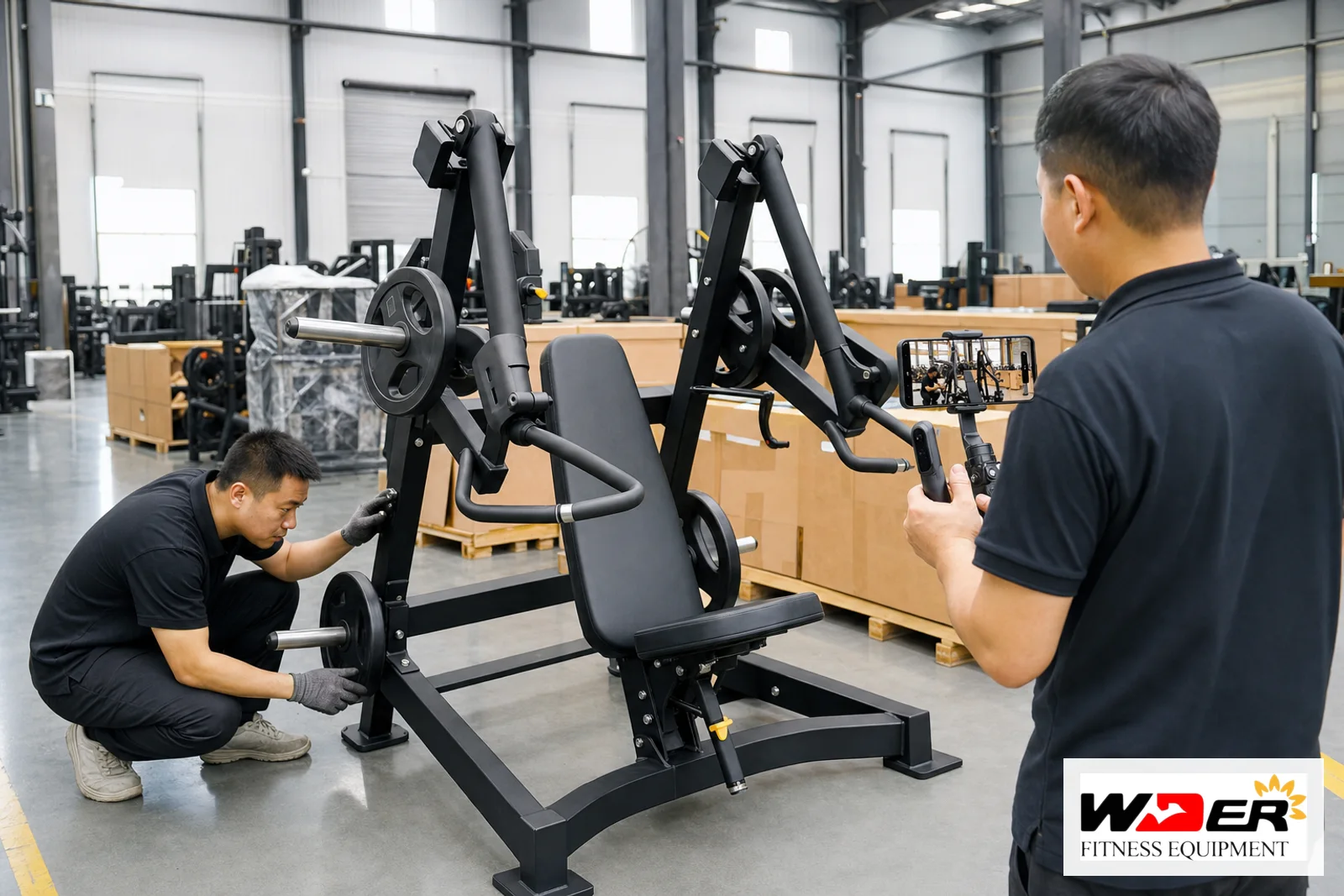Commercial gym equipment pre-shipment video inspection with WDER logo - ar