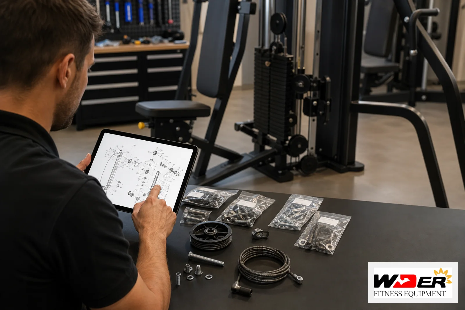 Selectorized strength machine cable ratio inspection with WDER logo - ar