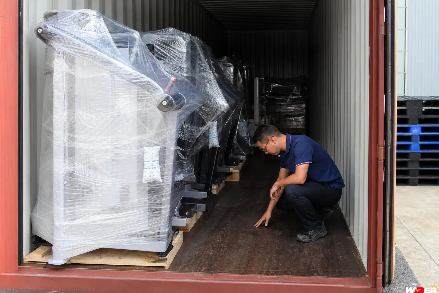 Commercial gym equipment container moisture protection inspection with one WDER logo - ar