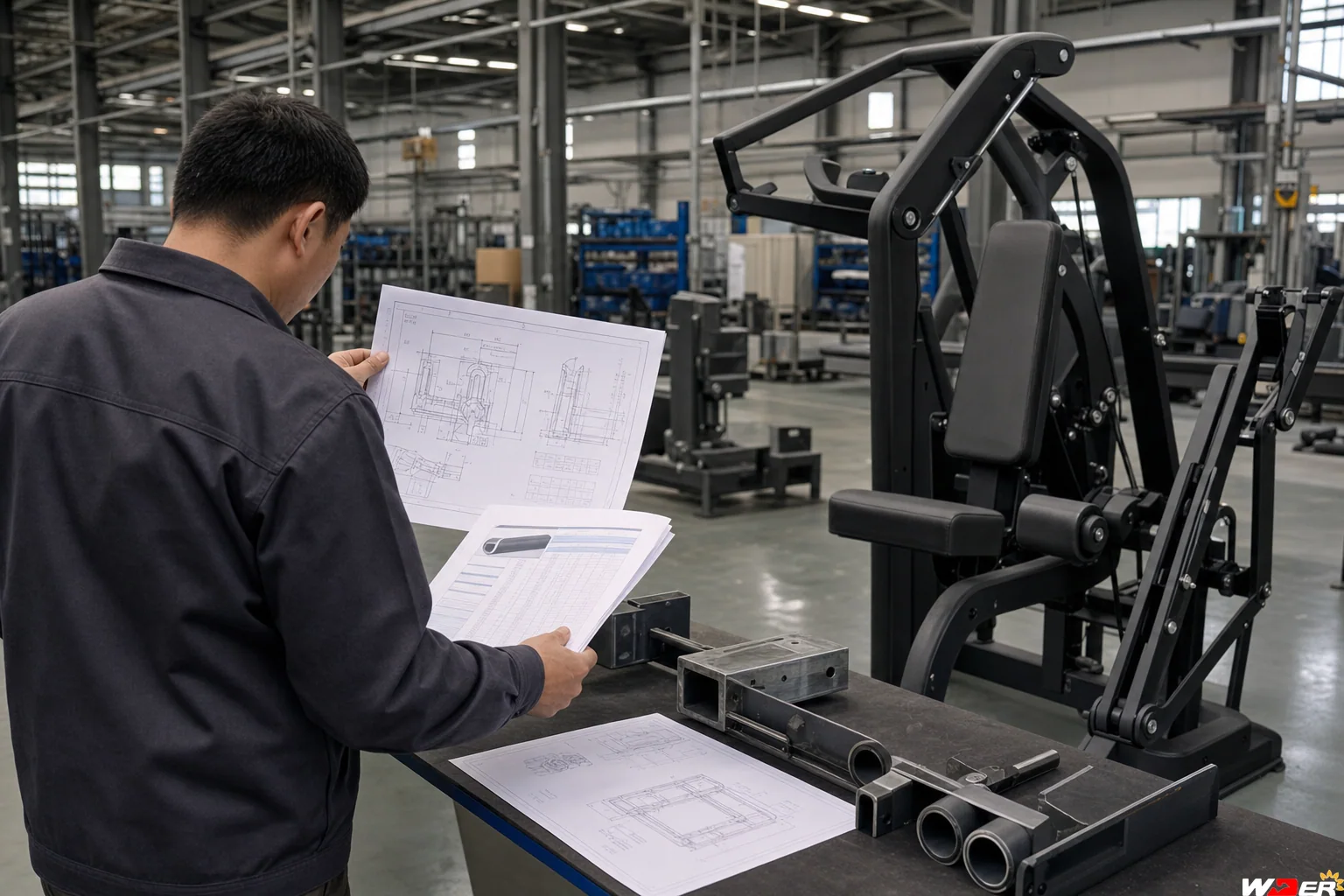 Engineer reviewing a commercial gym equipment specification drawing with one WDER logo - ar