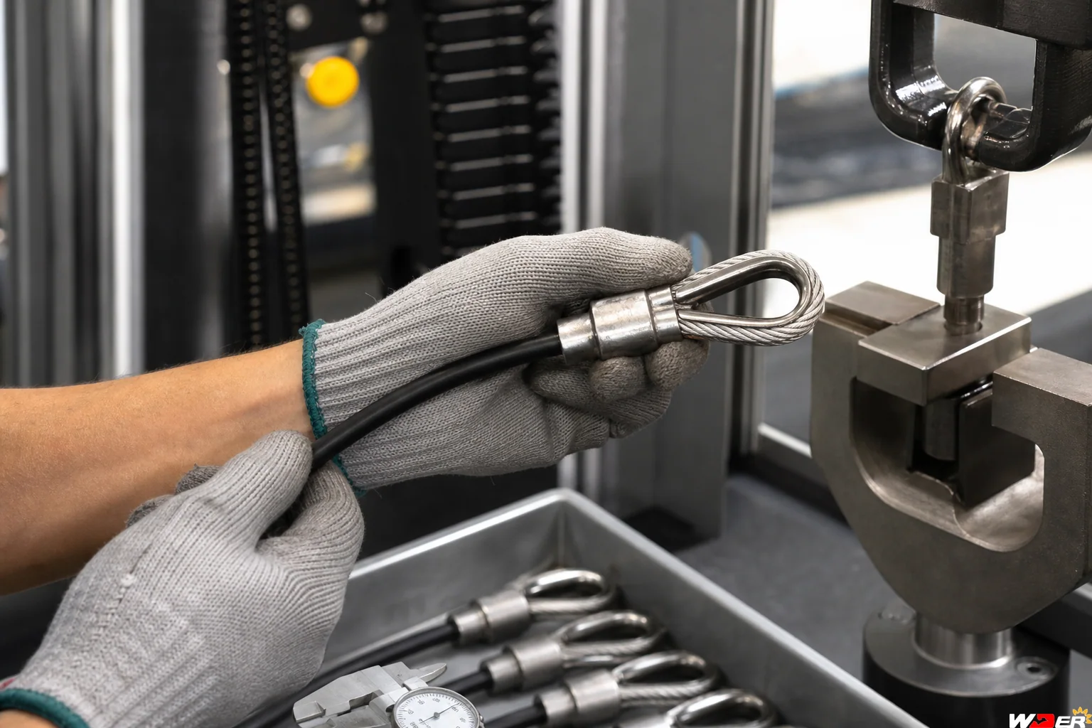 Selectorized gym machine cable termination inspection with one WDER logo - ar