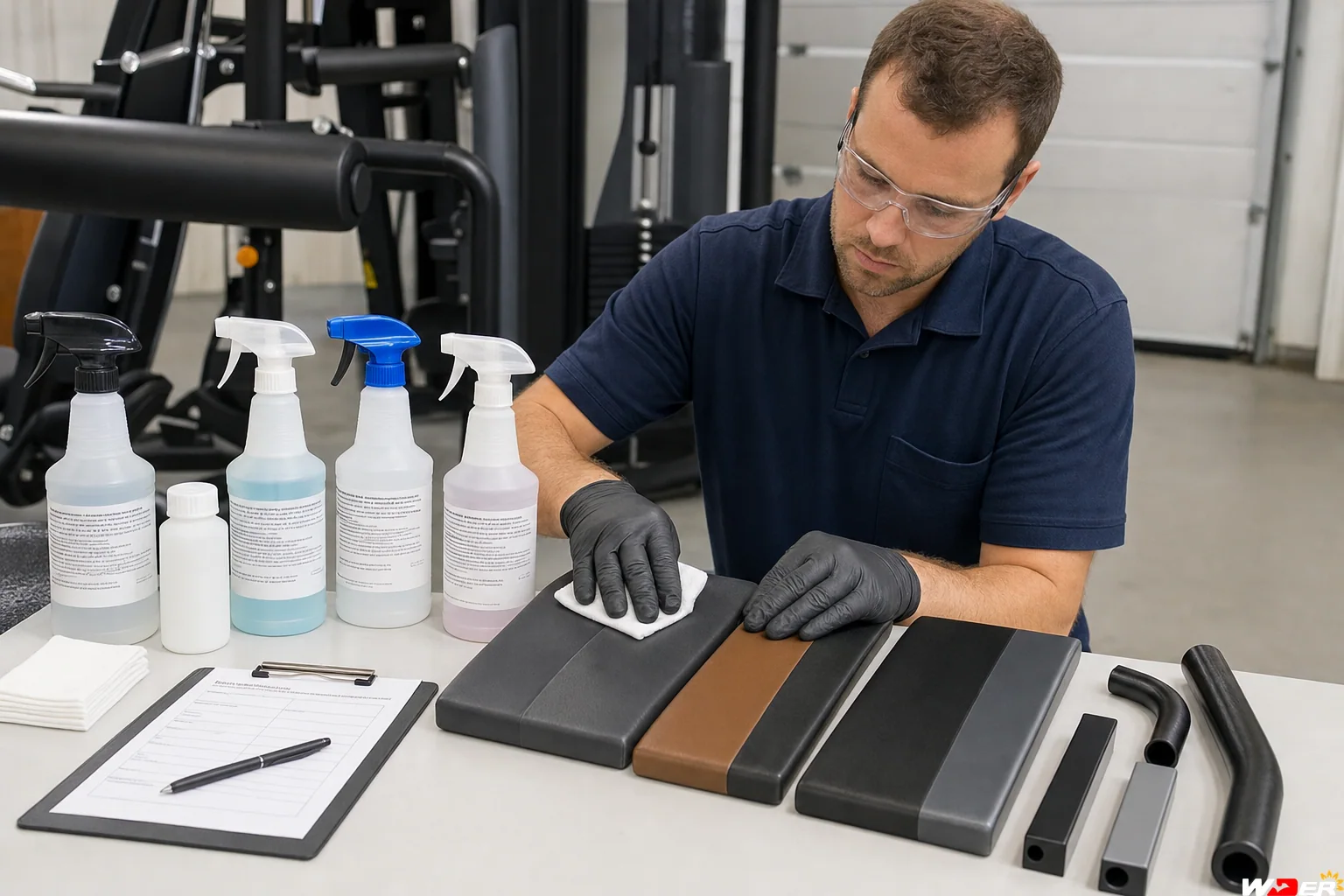 Commercial gym equipment cleaning compatibility test with one WDER logo - ar