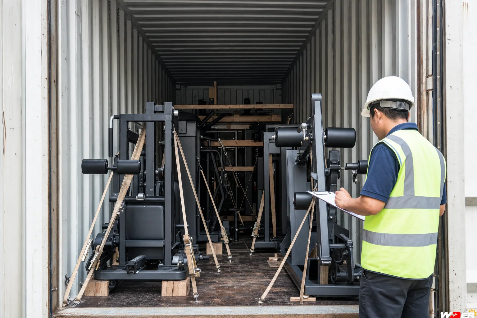 Gym equipment container weight distribution and securing with one WDER logo - ar