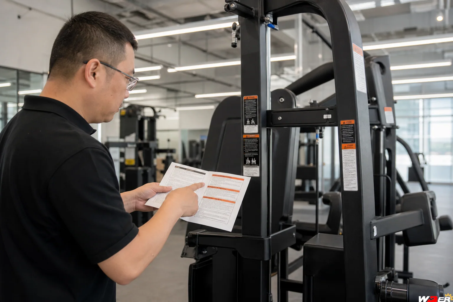 OEM gym equipment warning label and manual approval with one WDER logo - ar