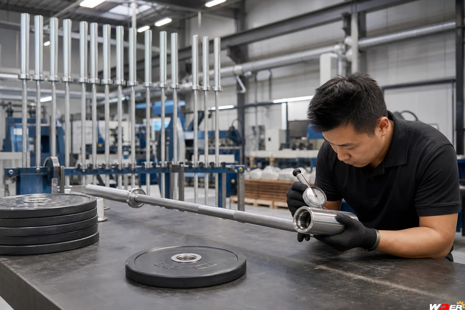 Commercial Olympic bars and weight plates inspection with one WDER logo - ar