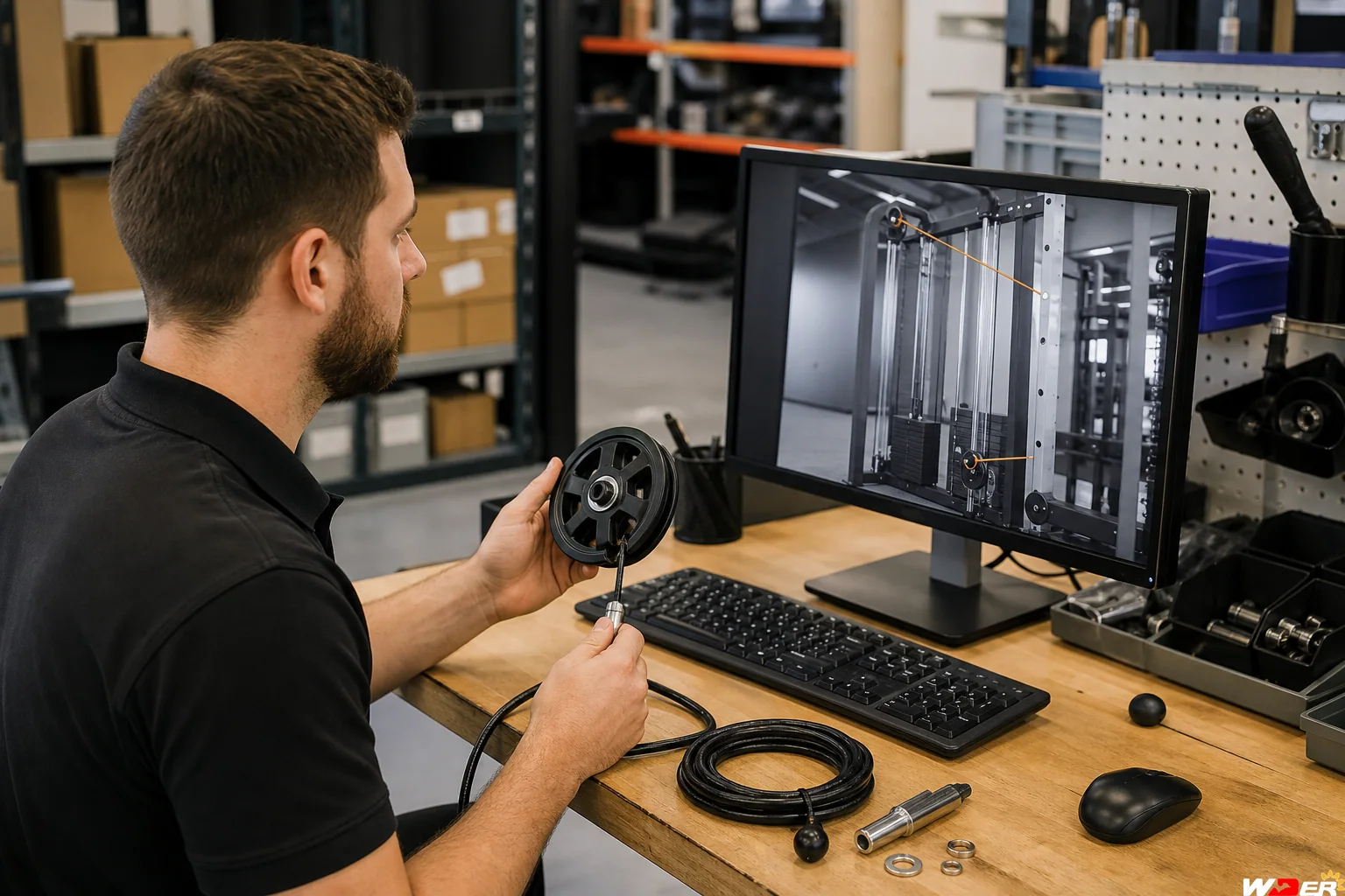 Commercial gym equipment warranty and spare parts response workflow with one WDER logo - ar