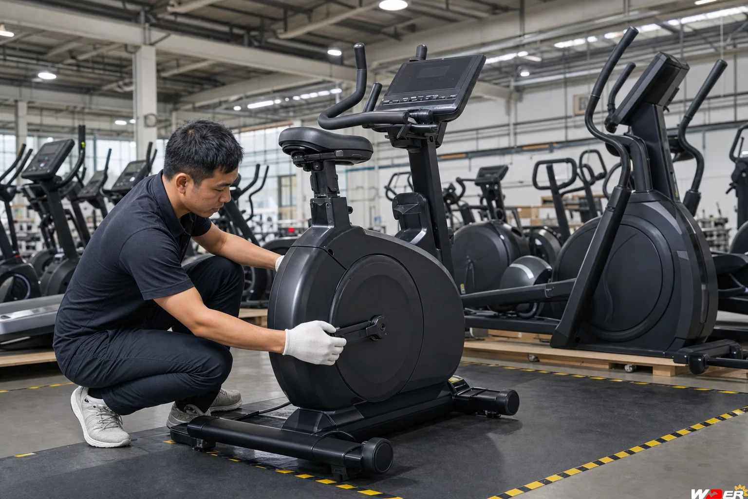 Commercial bike and elliptical resistance system factory test with one WDER logo - ar