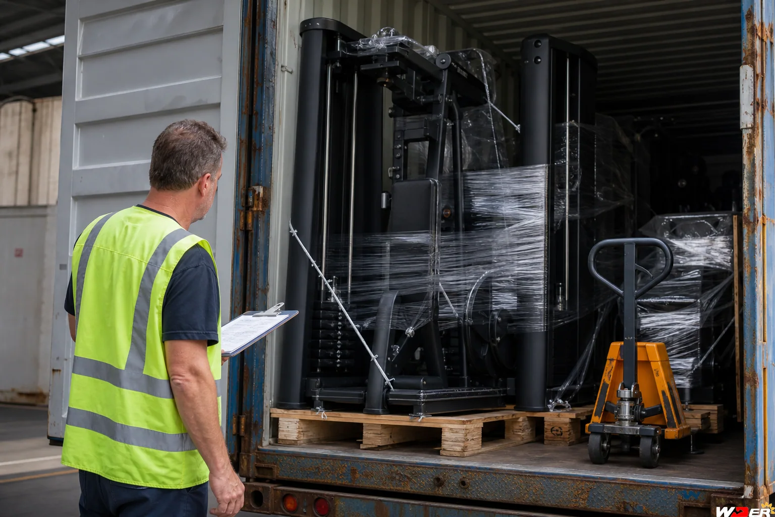 Safe commercial gym equipment container unloading preparation with one WDER logo - ar