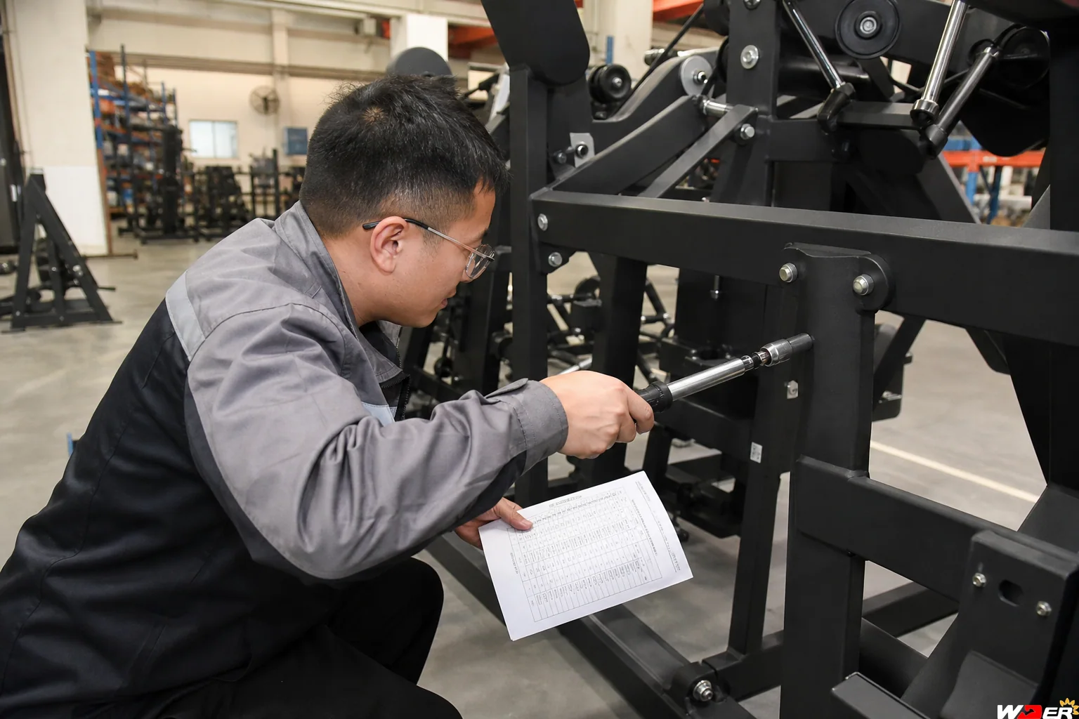 Technician checking commercial gym equipment fastener torque with one WDER logo - ar