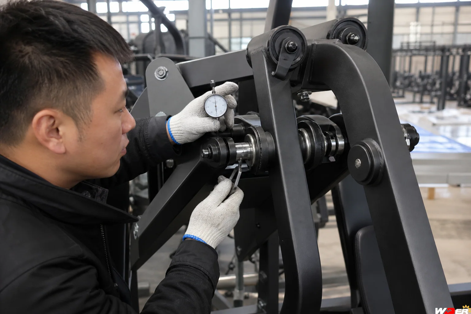 Plate-loaded gym machine pivot bearing and bushing inspection with one WDER logo - ar