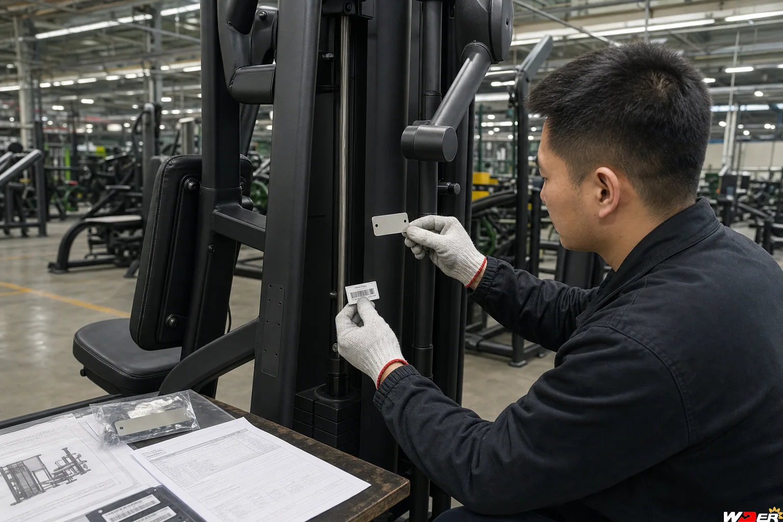 OEM gym equipment rating plate and serial number inspection with one WDER logo - ar