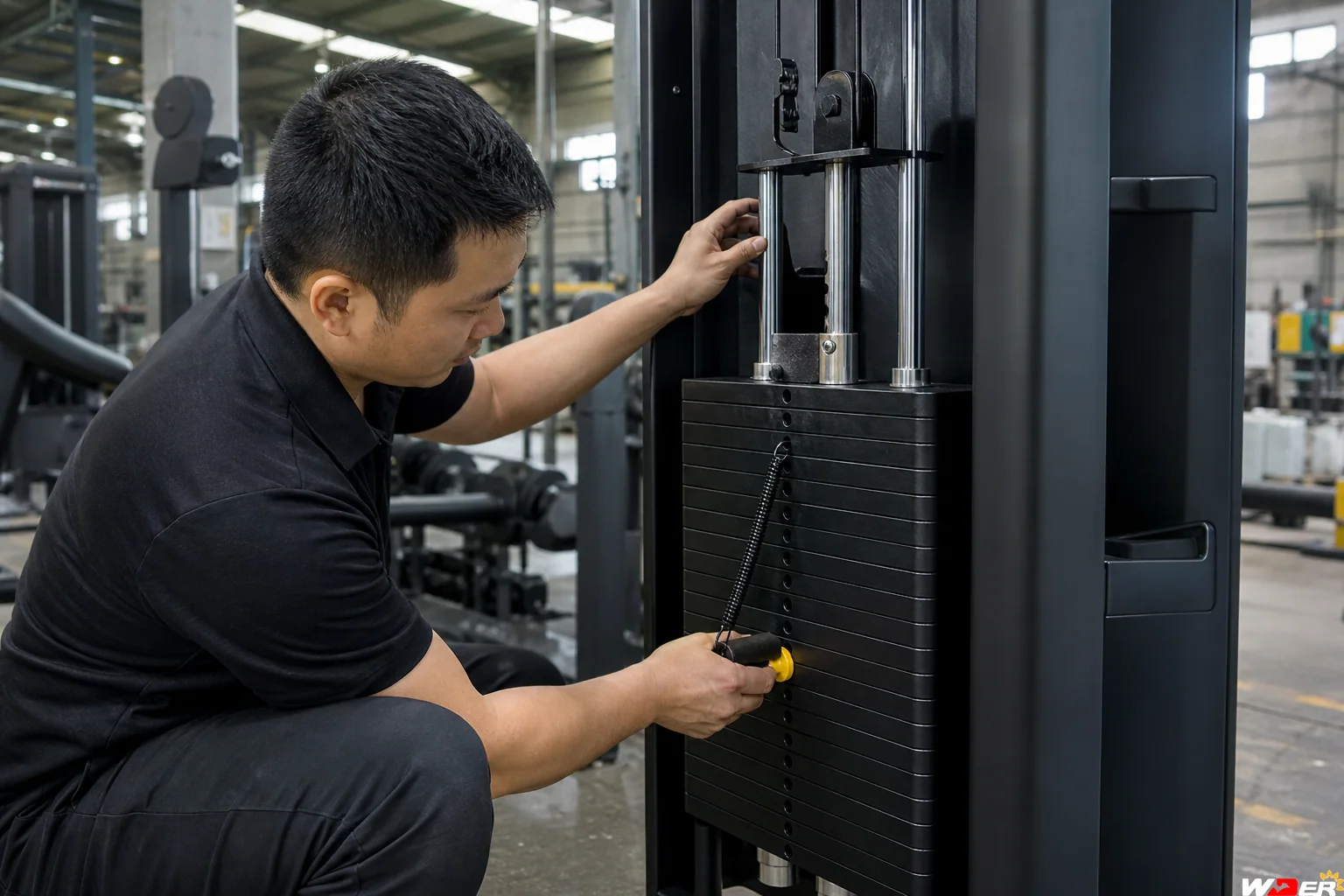 Selectorized weight stack and guide rod alignment inspection with one WDER logo - ar