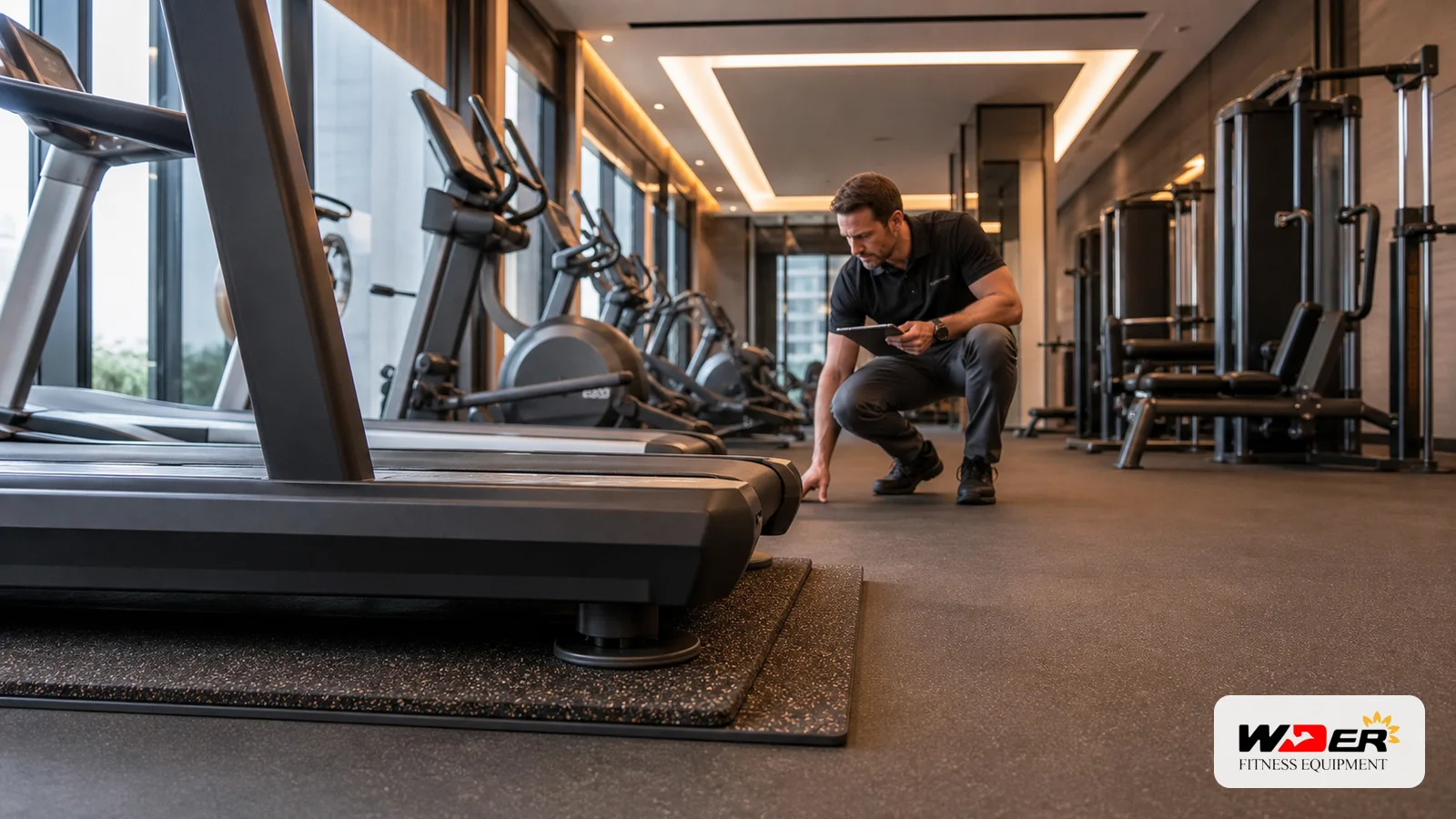 Hotel gym treadmill vibration planning with WDER logo - 한국 B2B 바이어용