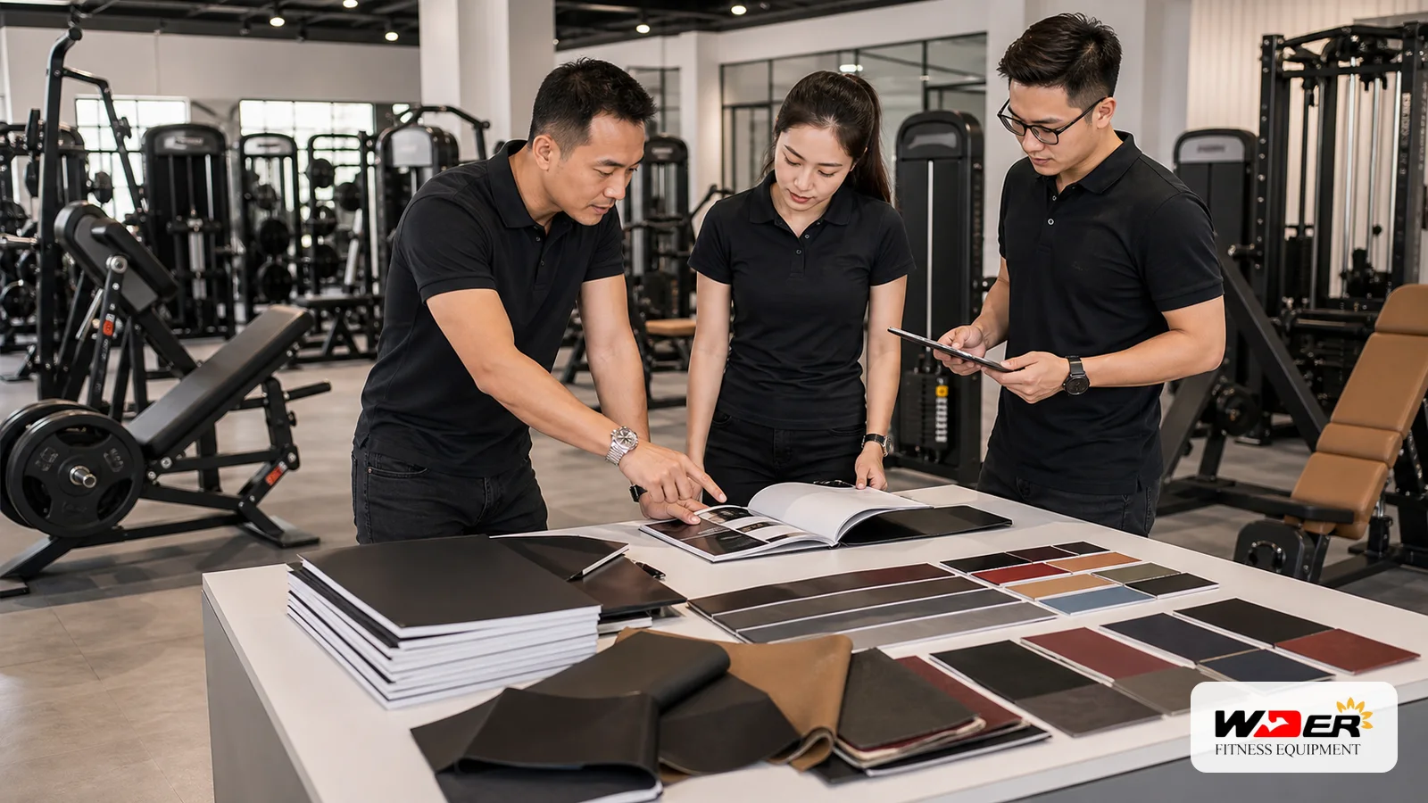 Private label gym equipment showroom planning with WDER logo - 한국 B2B 바이어용