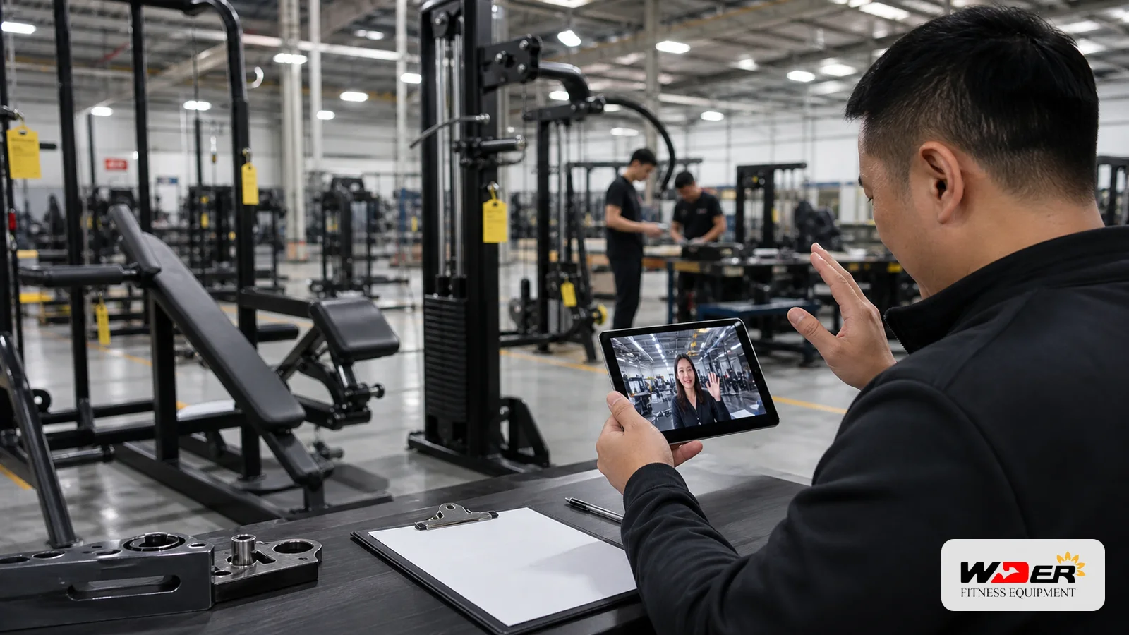 Remote commercial gym equipment factory audit with WDER logo - 한국 B2B 바이어용