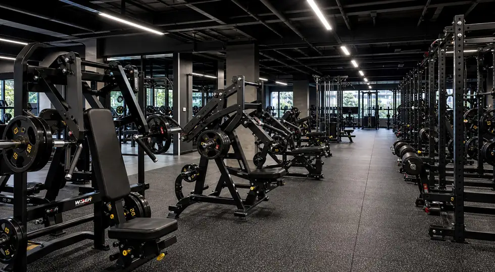 Commercial gym equipment project planning with strength machines and cardio areas